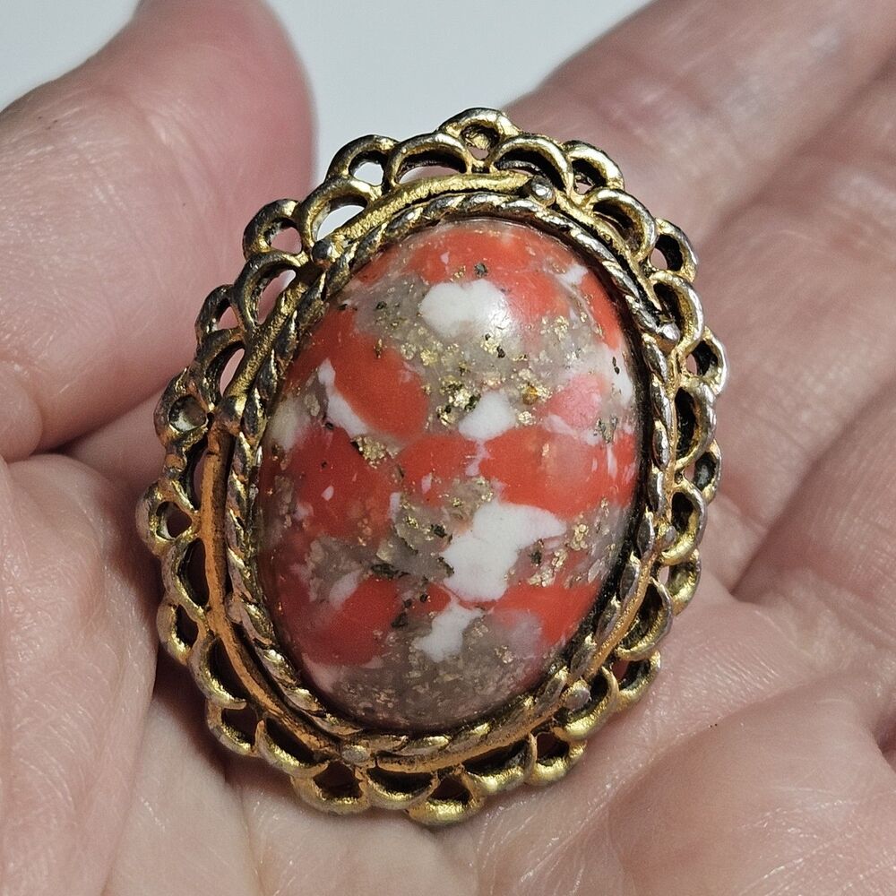 Vintage Pink Oval Cabochon Stone Ring Gold Tone Adjustable